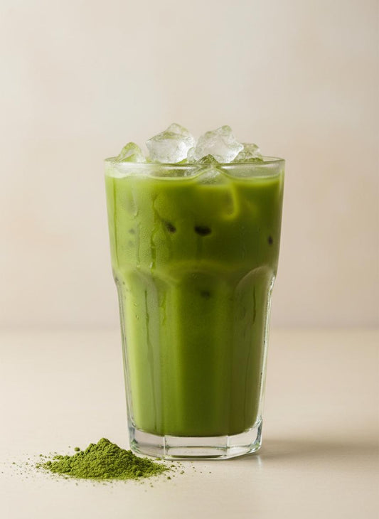 Fresh iced classic matcha in glass with ice cubes matcha drop brisbane