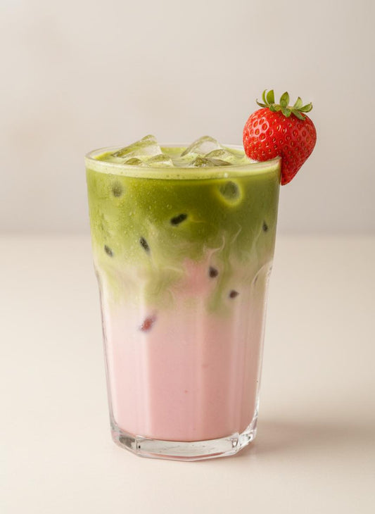 Strawberry matcha layered pink and green iced drink matcha drop