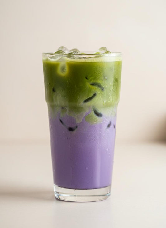 Ube matcha purple and green layered iced drink matcha drop